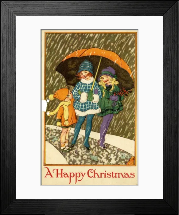 Framed Print : Christmas Card - children under umbrella in snow Framed Print : Christmas Card - children under umbrella in snow