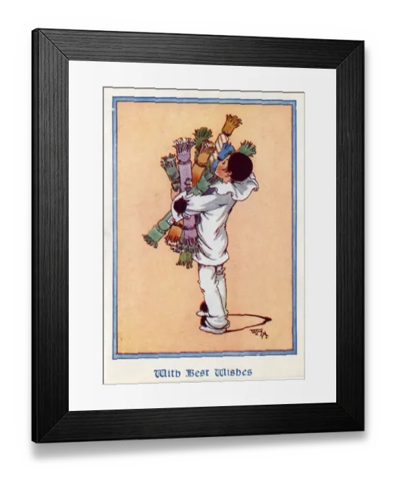 Framed Print : Christmas Card - Pierrot carrying Christmas crackers Framed Print : Christmas Card - Pierrot carrying Christmas crackers