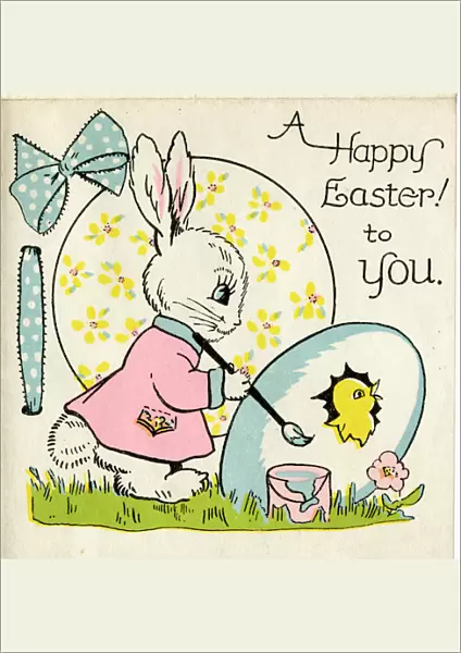 Easter card with white bunny and yellow chick