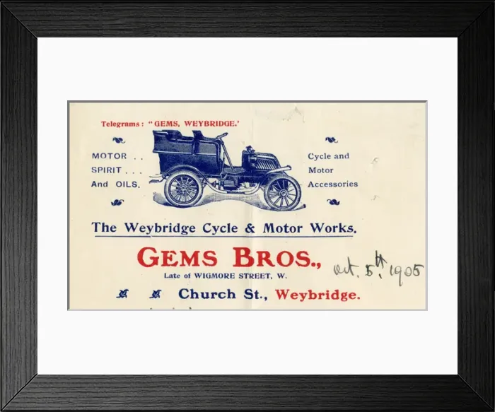 Framed Print : Advert, Gems Bros, Weybridge Cycle & Motor Works Framed Print : Advert, Gems Bros, Weybridge Cycle & Motor Works