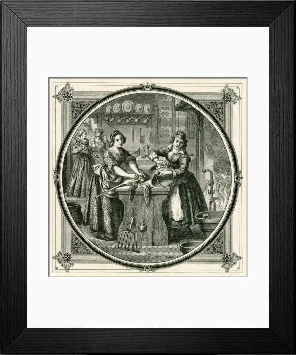 Framed Print : Elizabethan servants polishing saucepans Framed Print : Elizabethan servants polishing saucepans