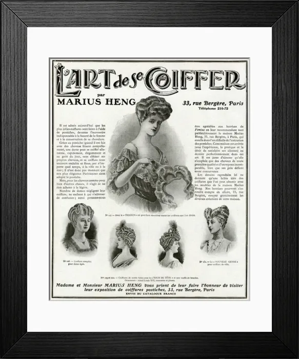 Framed Print : Advert for Marius Heng, hairpieces 1906 Framed Print : Advert for Marius Heng, hairpieces 1906