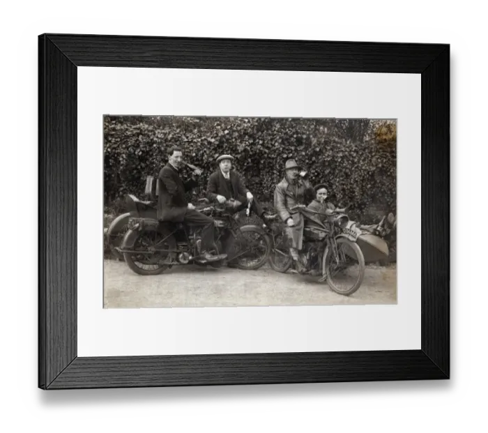 Framed Print : Men sitting on their veteran motorcycles drinking beer Framed Print : Men sitting on their veteran motorcycles drinking beer