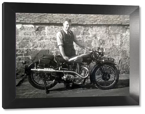 Man with 1935 BSA Sports Blue motorcycle