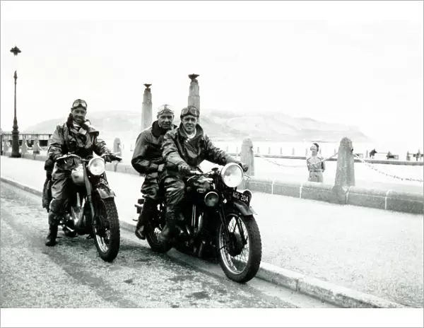 Three bikers on their veteran BSA motorcycles