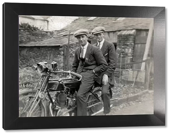Two young men on a 1921 Sunbeam motorcycle