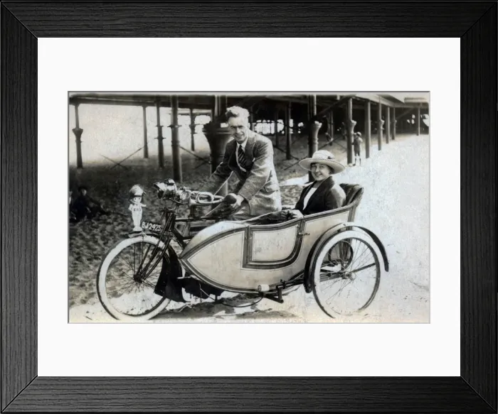 Framed Print : Gentleman & lady on a 1914 Triumph motorcyle & sidecar Framed Print : Gentleman & lady on a 1914 Triumph motorcyle & sidecar