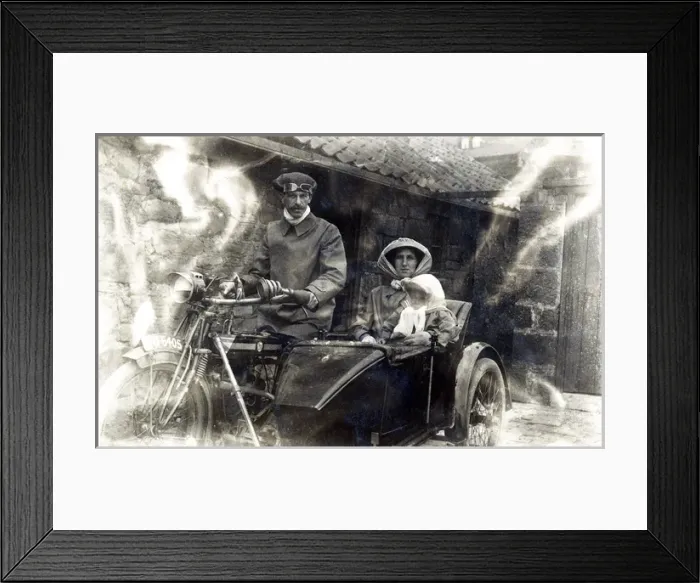 Framed Print : Family of three on a 1914 Twin Rex motorcycle & sidecar Framed Print : Family of three on a 1914 Twin Rex motorcycle & sidecar