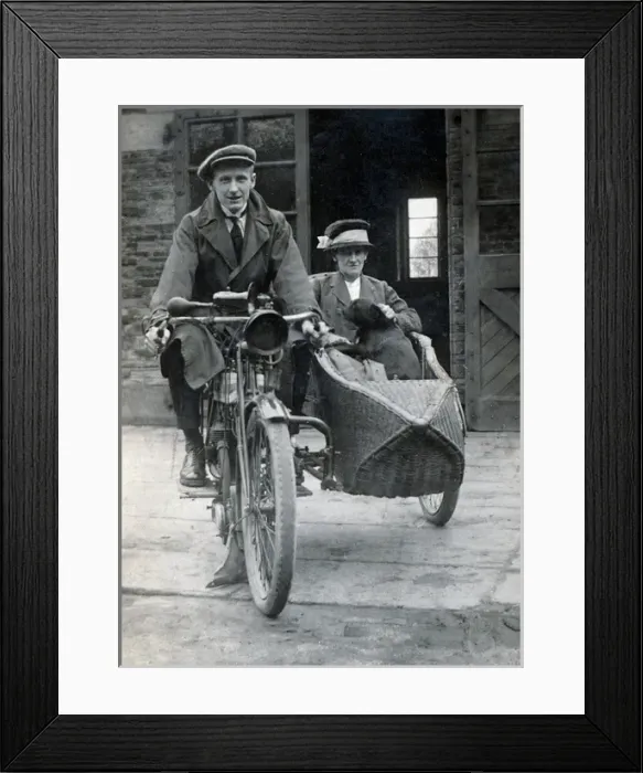 Framed Print : Gentleman & lady on a 1910 Triumph motorcycle & sidecar Framed Print : Gentleman & lady on a 1910 Triumph motorcycle & sidecar
