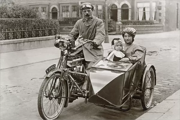 Family on a 1906 motorcycle & sidecar