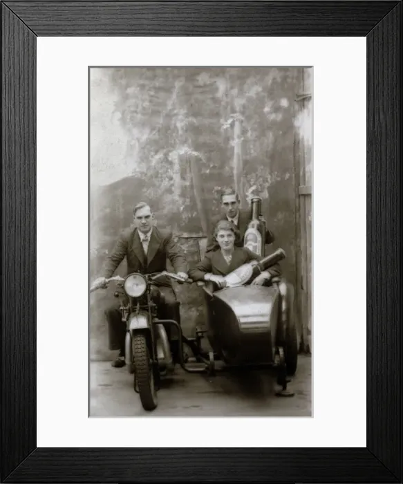 Framed Print : Two men and a lady on 1929 Coventry Eagle motorcycle & sidec Framed Print : Two men and a lady on 1929 Coventry Eagle motorcycle & sidec