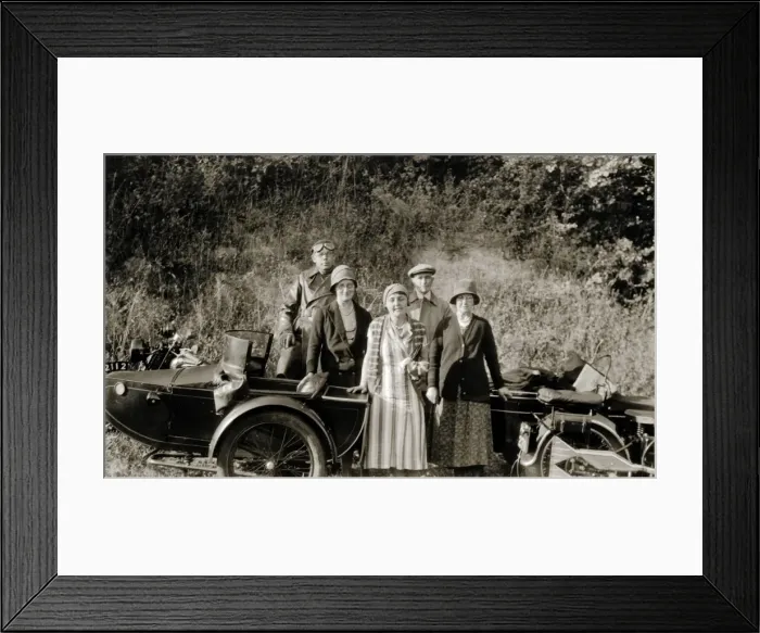 Framed Print : Ladies & gentledmen with their 1928 Royal Enfield motorcycle Framed Print : Ladies & gentledmen with their 1928 Royal Enfield motorcycle