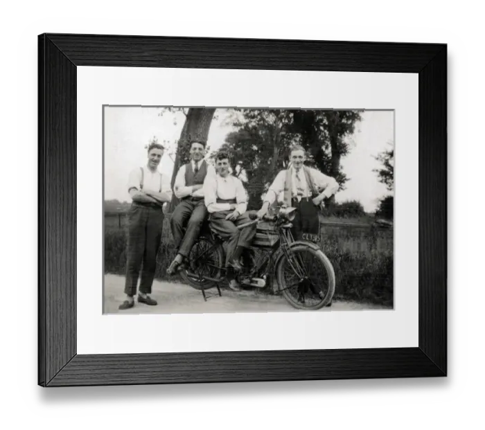 Framed Print : Men pose with 1914 / 15 Triumph motorcycle Framed Print : Men pose with 1914 / 15 Triumph motorcycle