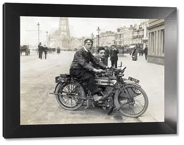 Gentlemen on a 1914 Triumph motorcycle & sidecar