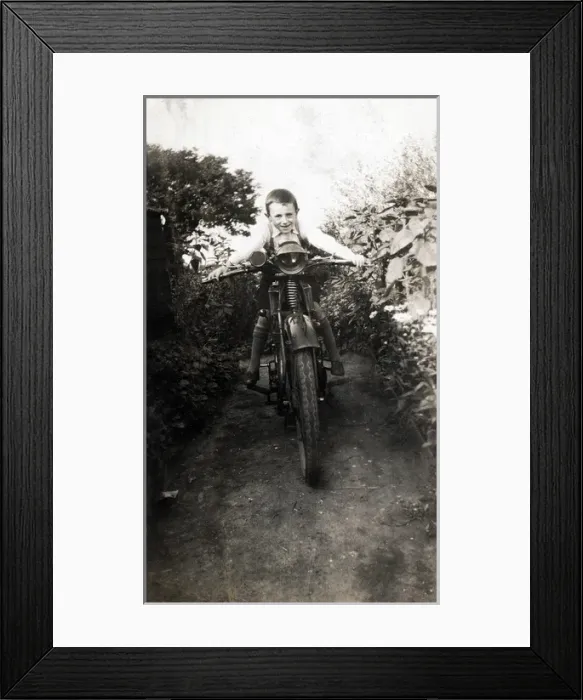 Framed Print : Boy on a veteran motorcycle Framed Print : Boy on a veteran motorcycle