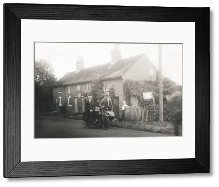 Framed Print : Rural scene showing veteran motorcycle combination & cottage Framed Print : Rural scene showing veteran motorcycle combination & cottage