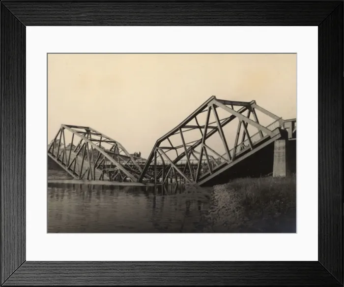 Framed Print : Damaged bridge on a river crossing Framed Print : Damaged bridge on a river crossing
