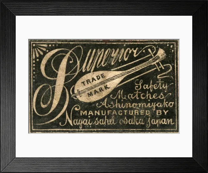 Framed Print : Old Japanese Matchbox label with a mandolin Framed Print : Old Japanese Matchbox label with a mandolin