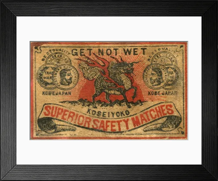 Framed Print : Old Japanese Matchbox label with a Dragon and get not wet Framed Print : Old Japanese Matchbox label with a Dragon and get not wet