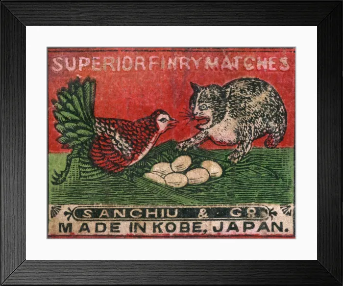 Framed Print : Old Japanese Matchbox label with a cat and hen fighting Framed Print : Old Japanese Matchbox label with a cat and hen fighting