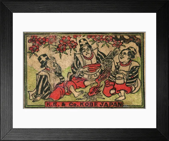 Framed Print : Old Japanese Matchbox label and three men and cherry blossom Framed Print : Old Japanese Matchbox label and three men and cherry blossom