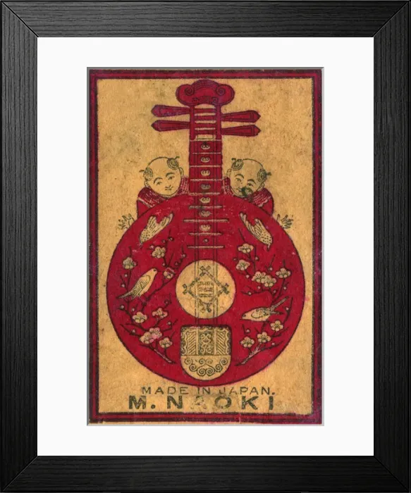 Framed Print : Old Japanese Matchbox label with a red mandolin with birds Framed Print : Old Japanese Matchbox label with a red mandolin with birds
