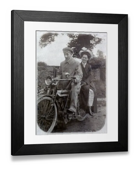 Framed Print : Gentleman & lady on a 1910 Triumph motorcycle Framed Print : Gentleman & lady on a 1910 Triumph motorcycle