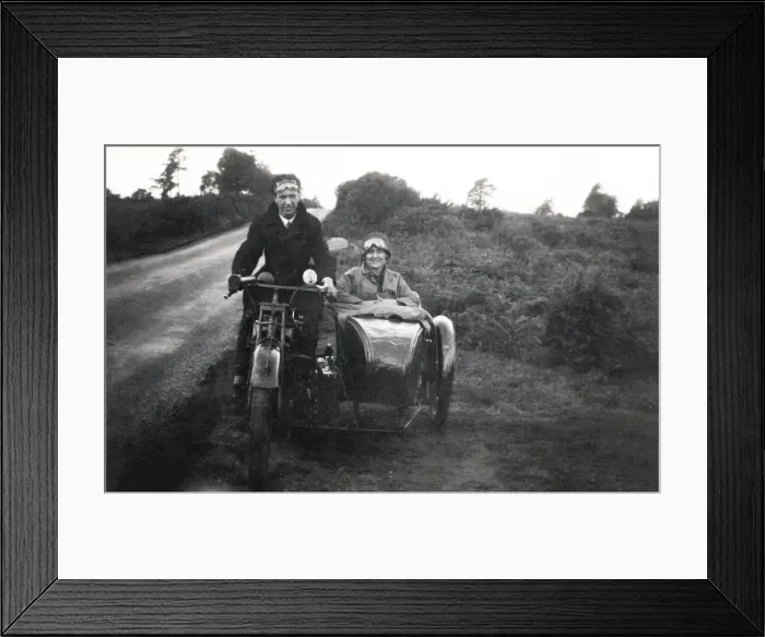 Framed Print : Man & woman on veteran motorcycle combination Framed Print : Man & woman on veteran motorcycle combination