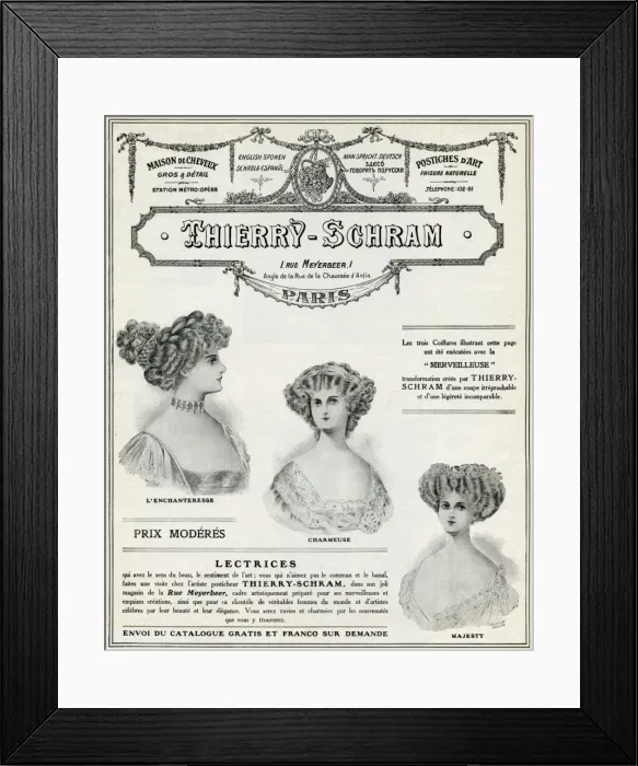 Framed Print : Advert for Thierry Schram, hair and beauty 1909 Framed Print : Advert for Thierry Schram, hair and beauty 1909