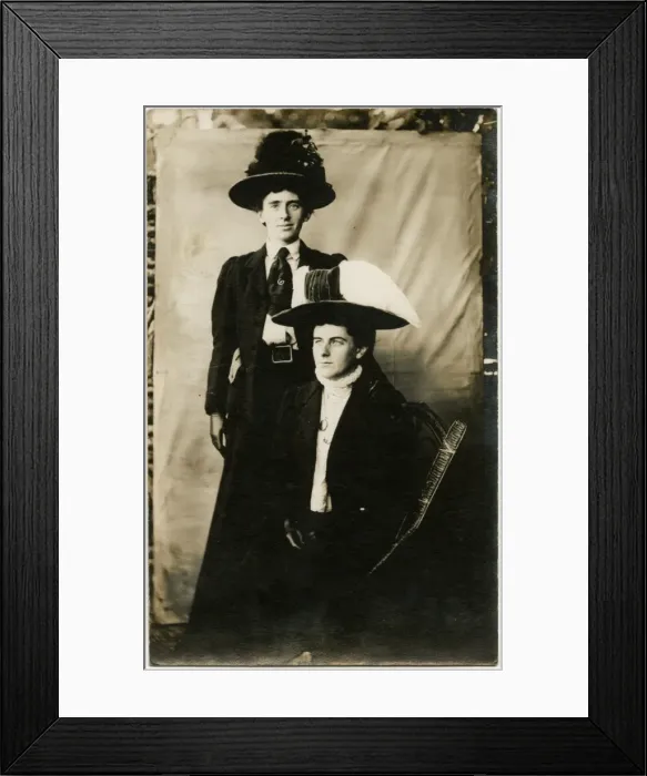 Framed Print : Two Edwardian men dressed as suffragettes Framed Print : Two Edwardian men dressed as suffragettes