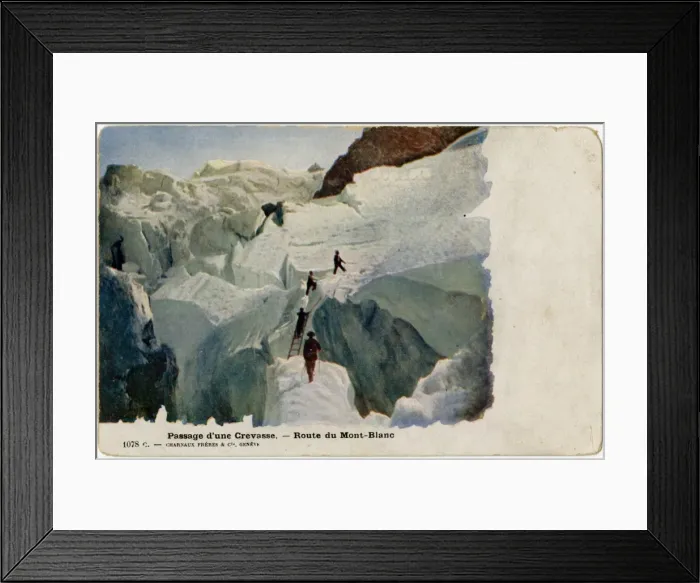 Framed Print : Crossing a Crevasse - Climbing Mont Blanc, France Framed Print : Crossing a Crevasse - Climbing Mont Blanc, France