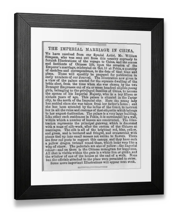 Framed Print : The Imperial Marriage in China, ILN article 1872 Framed Print : The Imperial Marriage in China, ILN article 1872