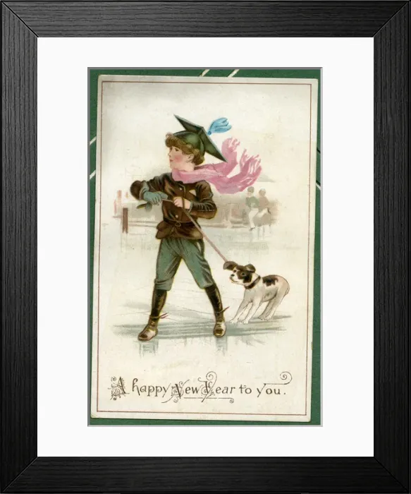Framed Print : New Year card, boy on the ice with a dog Framed Print : New Year card, boy on the ice with a dog