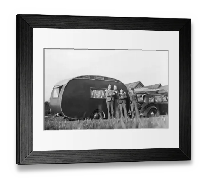Framed Print : Family with caravan and car Framed Print : Family with caravan and car