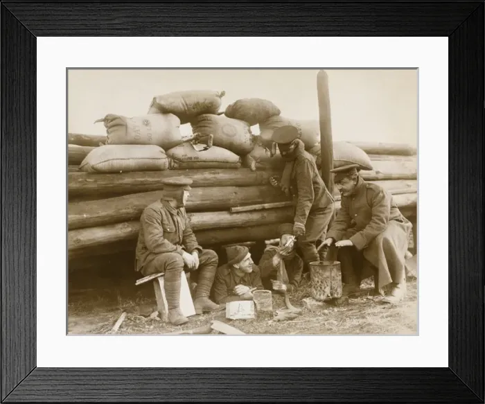 Framed Print : British soldiers resting behind a barricade on Continent Framed Print : British soldiers resting behind a barricade on Continent