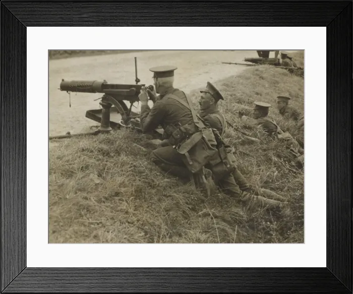 Framed Print : British, with machine guns, take up a position in a ditch in Framed Print : British, with machine guns, take up a position in a ditch in