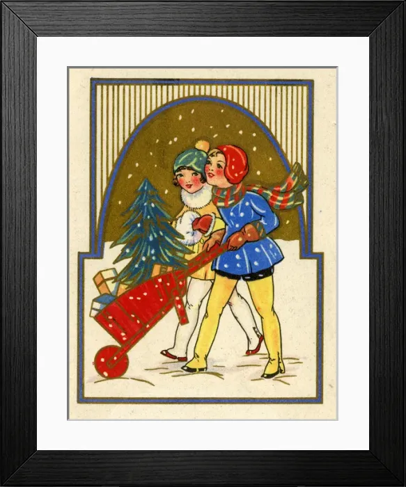 Framed Print : Christmas card, two girls with wheelbarrow in snow Framed Print : Christmas card, two girls with wheelbarrow in snow