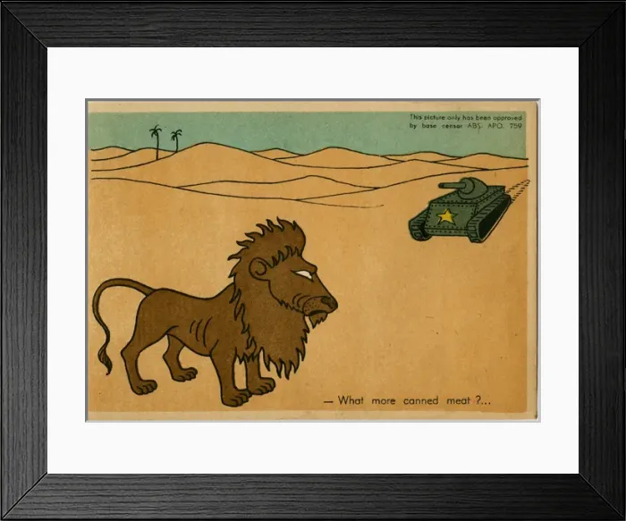 Framed Print : WW2 Humour - Desert lion frustrated his meat is in cans Framed Print : WW2 Humour - Desert lion frustrated his meat is in cans