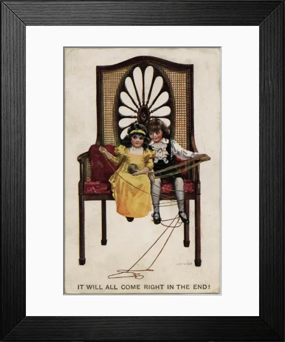 Framed Print : WW1 - Two little seated children playing with a ball of wool Framed Print : WW1 - Two little seated children playing with a ball of wool