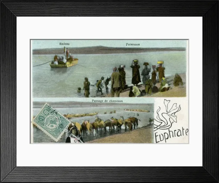 Framed Print : The Euphrates River, Syria - Ferry, passengers and Camels