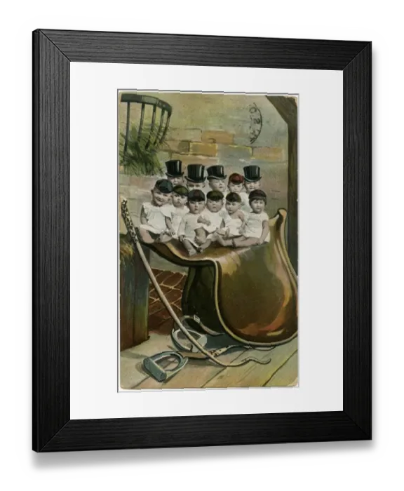 Framed Print : Babies in hats, sitting on a large saddle Framed Print : Babies in hats, sitting on a large saddle