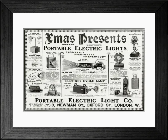 Framed Print : Advert for Portable hand-held electric lights 1902 Framed Print : Advert for Portable hand-held electric lights 1902