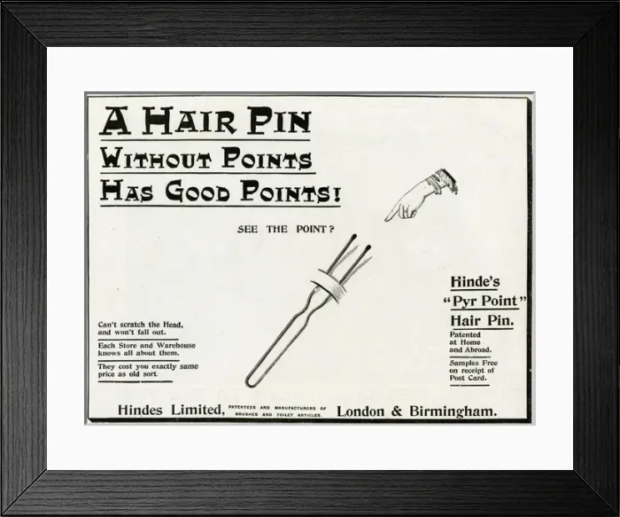 Framed Print : Advert for Hindes Limited the new hair pin 1893 Framed Print : Advert for Hindes Limited the new hair pin 1893