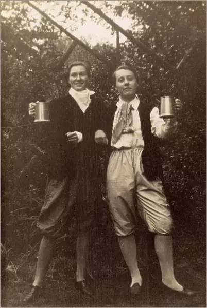 Two women in fancy dress with tankards