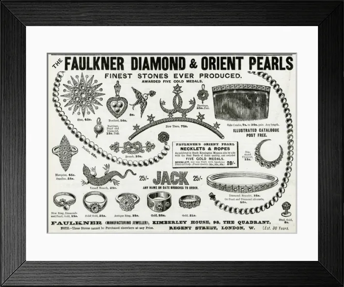 Framed Print : Advert for Faulkner diamond brooches 1896 Framed Print : Advert for Faulkner diamond brooches 1896