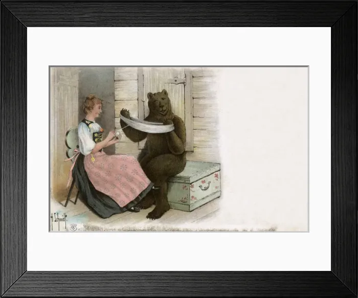 Framed Print : The Bern Bear helps a Swiss woman with her yarn winding Framed Print : The Bern Bear helps a Swiss woman with her yarn winding