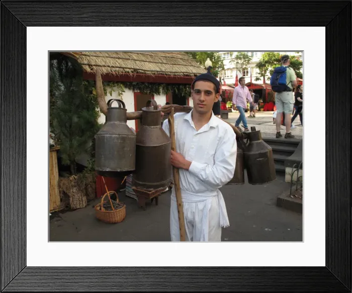 Framed Print : Portugal, Madeira, Funchal: peasant with milk containers Framed Print : Portugal, Madeira, Funchal: peasant with milk containers