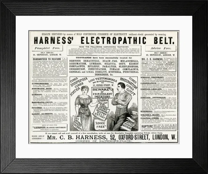 Framed Print : Advert for Harness Electropathic Corset Belts 1886 Framed Print : Advert for Harness Electropathic Corset Belts 1886