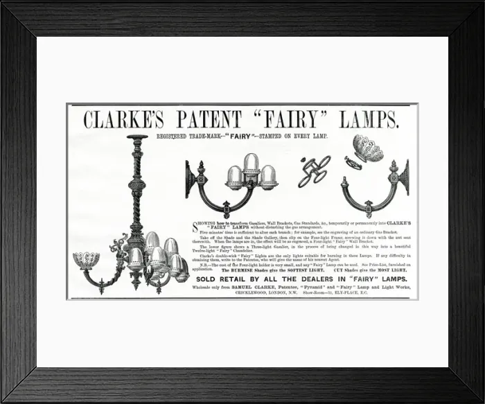 Framed Print : Advert for Clarkes Patent Fairy lamps 1888 Framed Print : Advert for Clarkes Patent Fairy lamps 1888