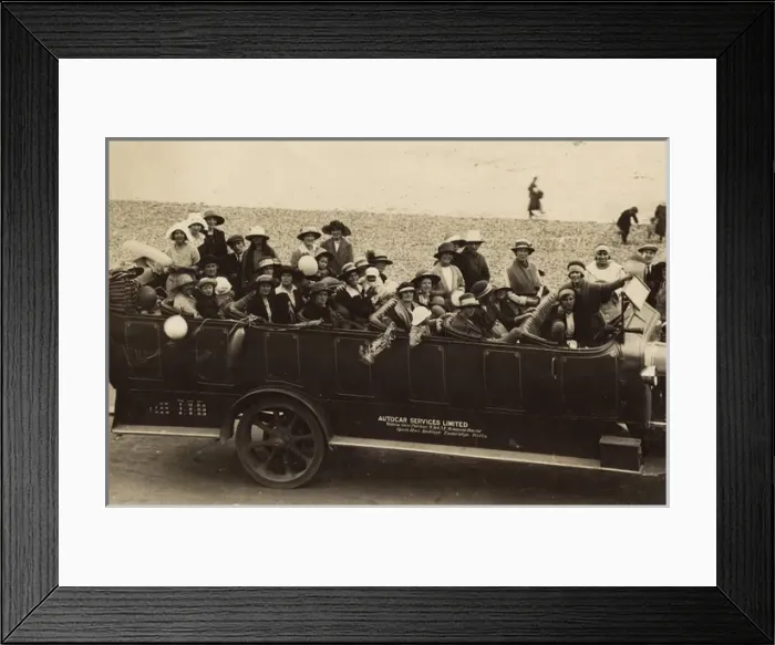 Framed Print : People in a charabanc at the seaside Framed Print : People in a charabanc at the seaside